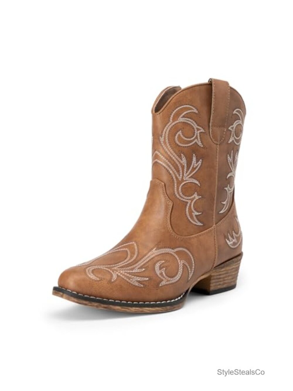 Women's Western Ankle Boots Faux Leather Embroidered Square Toe Cuban Heel
